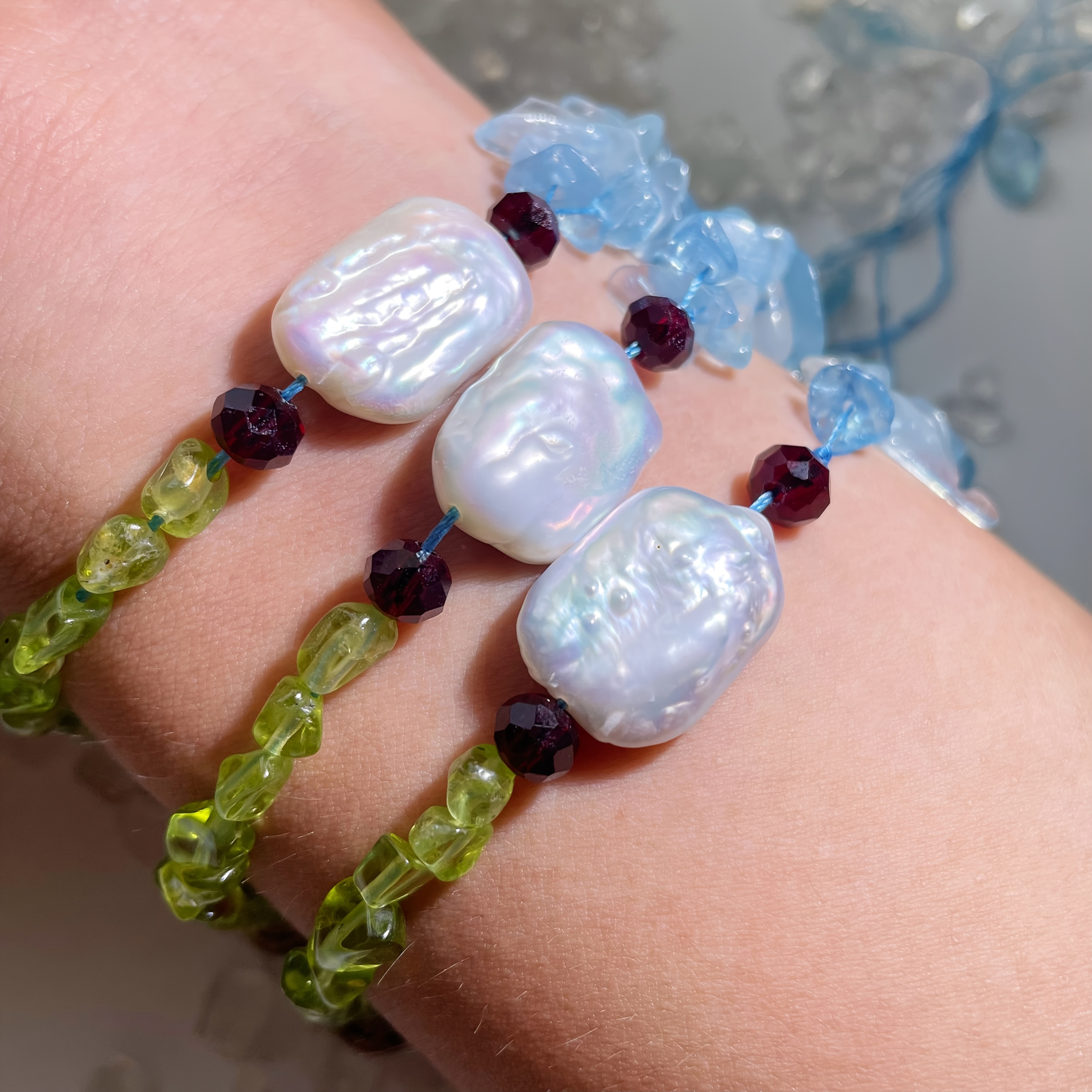 Handmade Adjustable Aquamarine & Peridot Bracelet, Y2K Boho Style